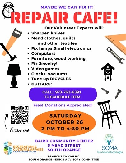 Repair Cafe on Saturday Oct. 26 from 2-4:30pm in the Baird Community Center