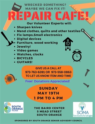 Repair Cafe is on Sunday May 19th from 1-4pm in the Baird Center