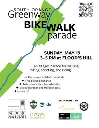 South Orange Greenway Bike/Walk Parade on Sunday May 19th from 3-5pm at Flood's Hill